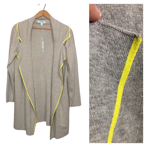 SHE + SKY | Grey Notched Collar Yellow Trim Open Cardigan Sweater size Large NEW - Picture 1 of 13